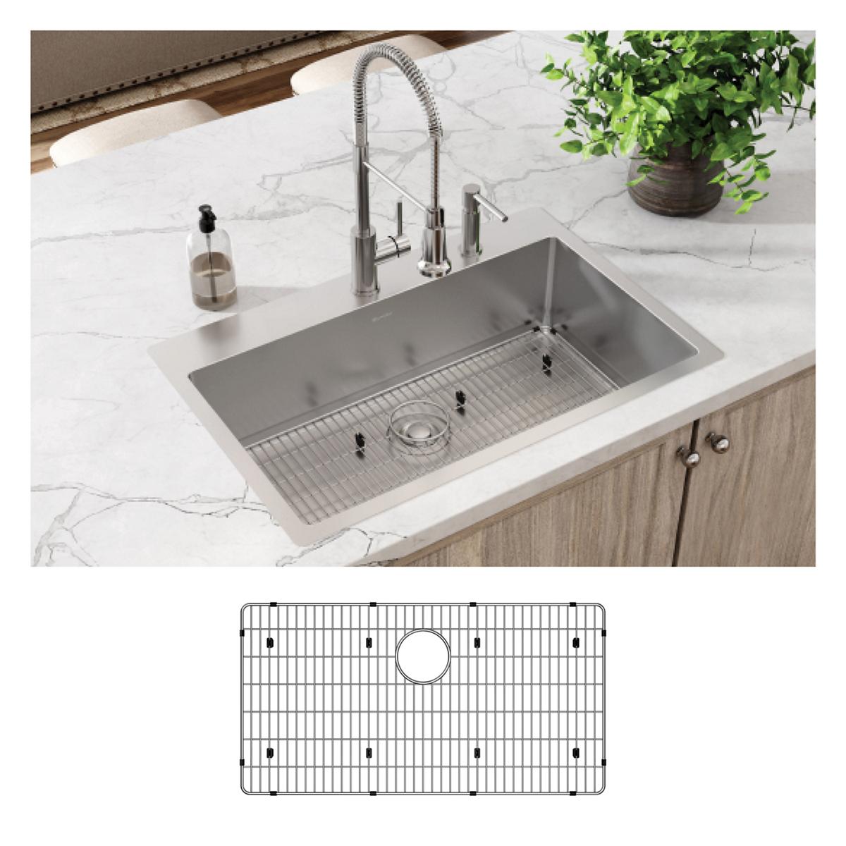 Stainless steel single bowl sink with two faucet holes, spring pull-down faucet, and grid insert installed in white marble co