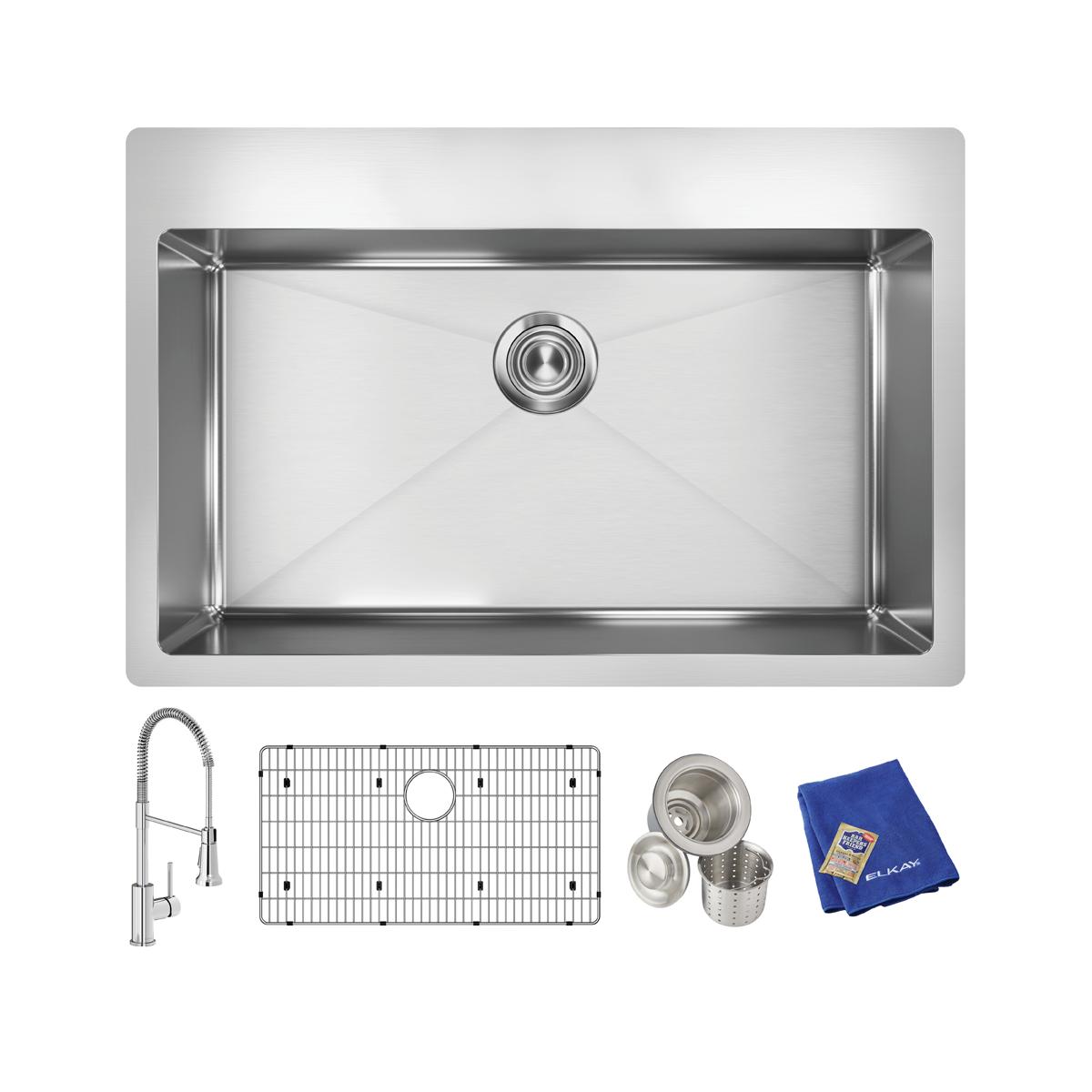 Stainless steel rectangular sink bowl with single drain hole, accompanied by faucet, grid strainer, and accessories.