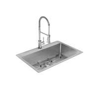 Stainless steel rectangular kitchen sink with single bowl, grid strainer, and pull-down spray faucet.