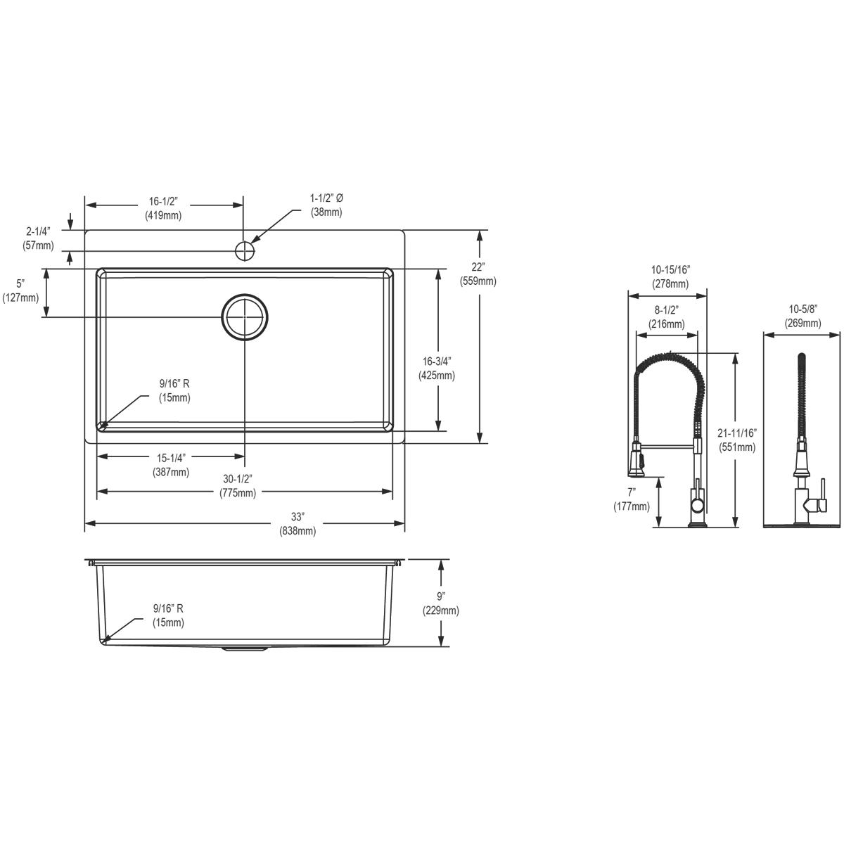 Technical schematic showing top, front, and side views of stainless steel single bowl sink with faucet and dimensions.