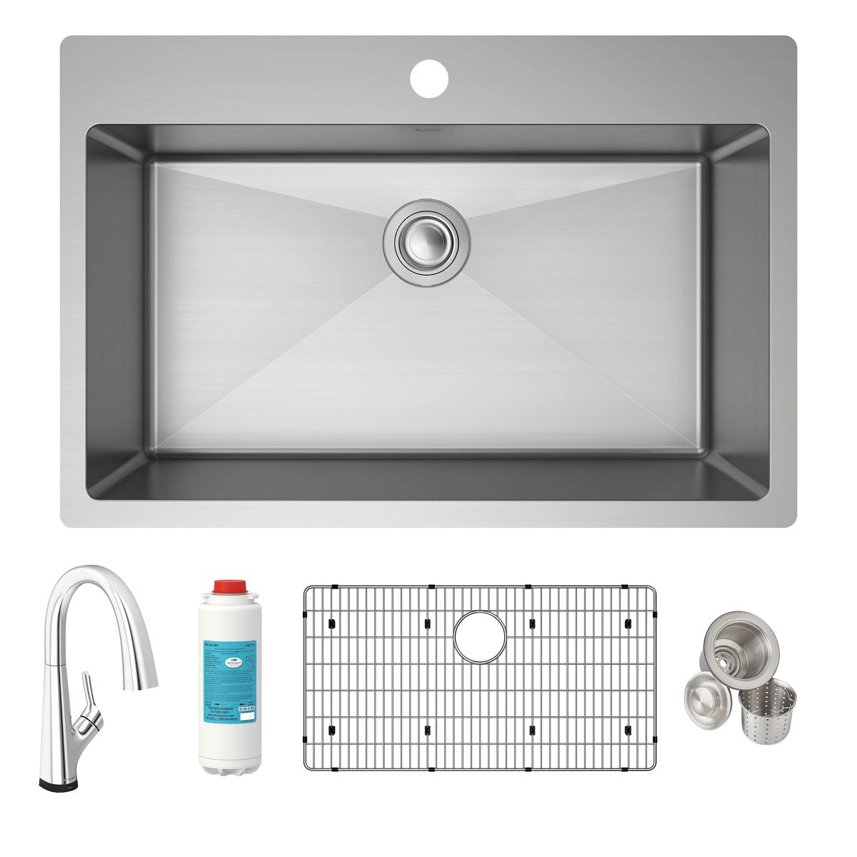Stainless steel single bowl sink with faucet, filter cartridge, grid strainer, and drain basket included.