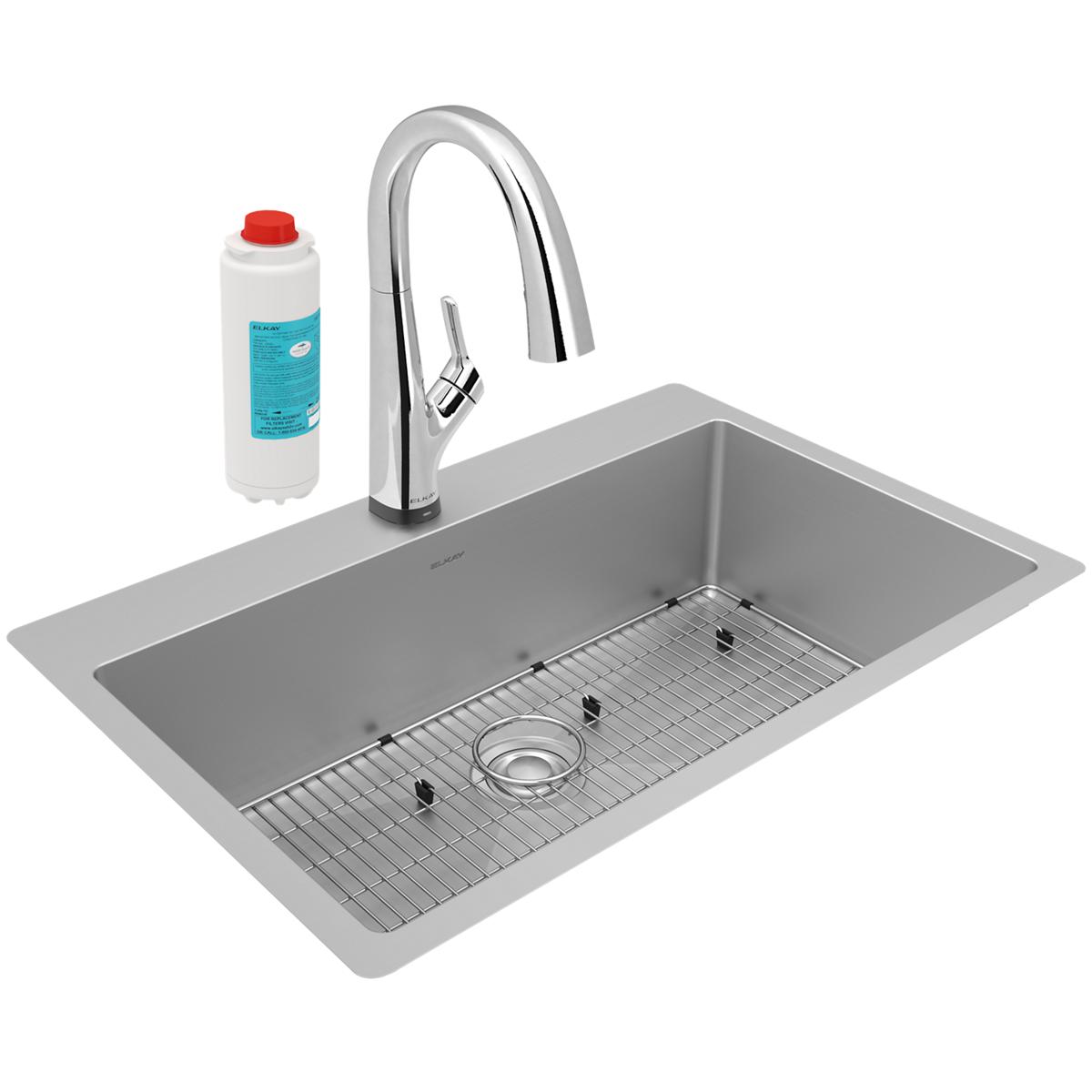 Stainless steel rectangular sink bowl with integrated rim, chrome pull-down faucet, wire grid insert, and white water filter 