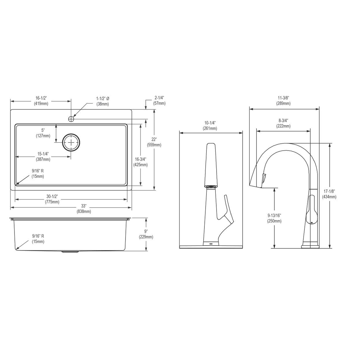 Stainless steel single bowl sink with dual mount installation options and pull-down filtered faucet, shown in top, side, and 
