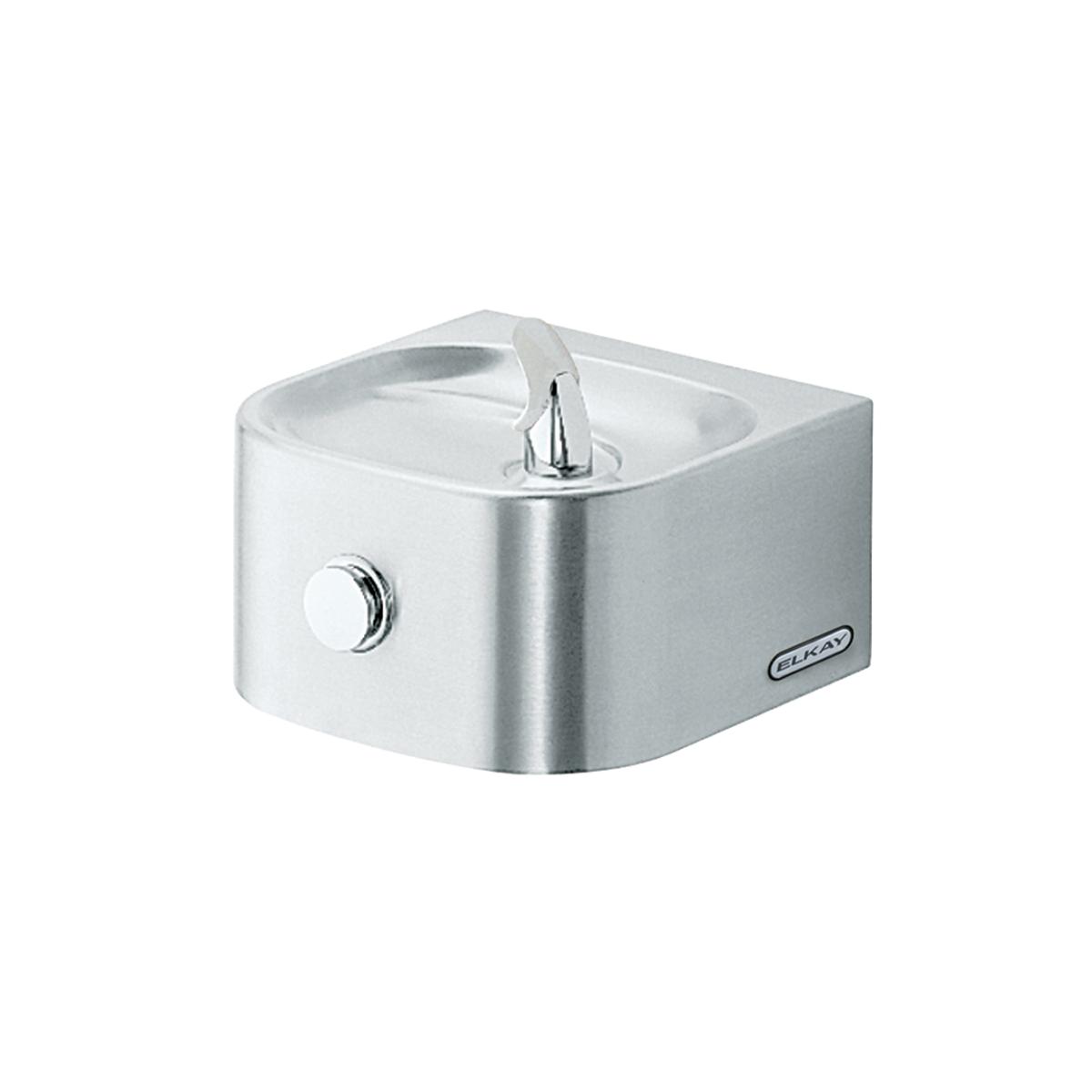 Stainless steel wall-mounted water fountain with single spout and control button on front panel.