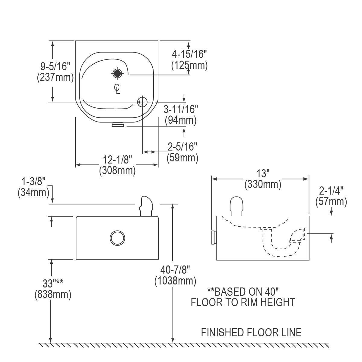 Technical specification diagram of Elkay stainless steel water fountain showing top and front views with detailed measurement