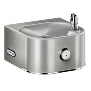 Stainless steel water fountain with single curved basin and chrome spout mounted on right side.