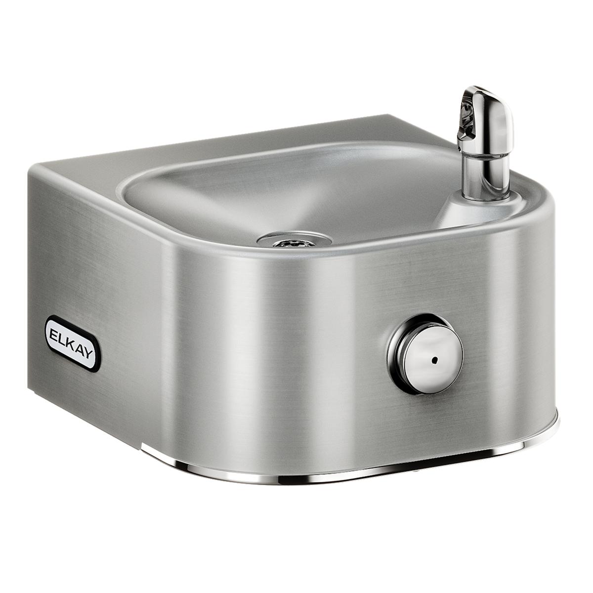 Stainless steel water fountain with single curved basin and chrome spout mounted on right side.