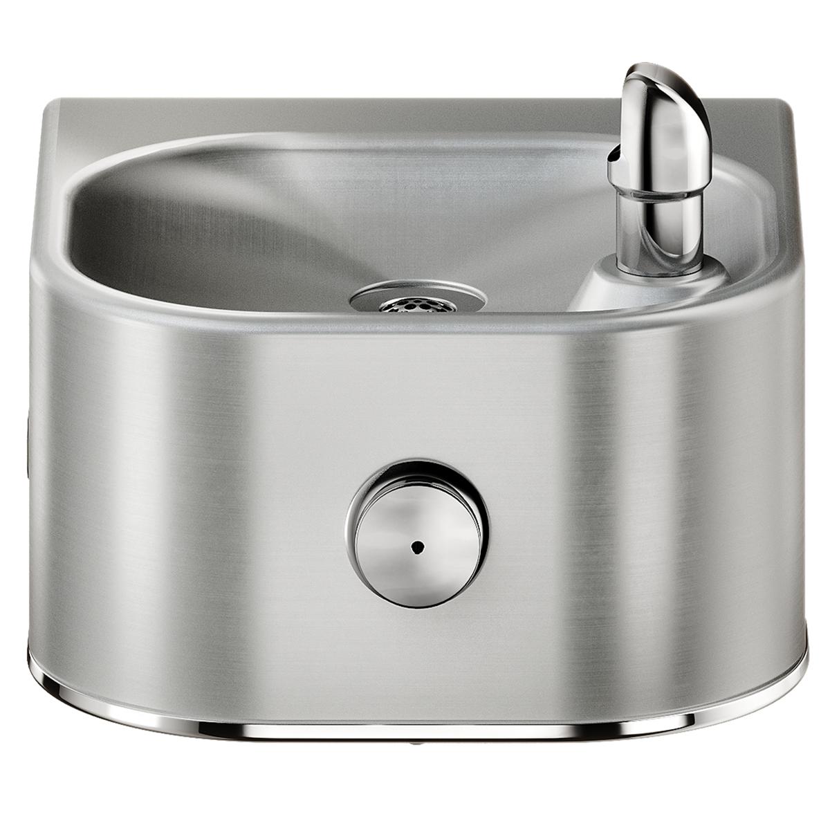 Stainless steel water fountain with single curved basin and mounted chrome drinking spout on right side.