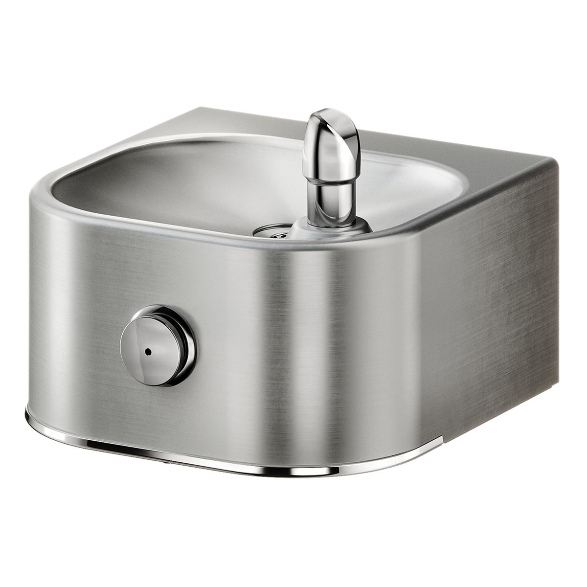 Stainless steel single water fountain with curved basin, chrome spout, and control knob on front side.