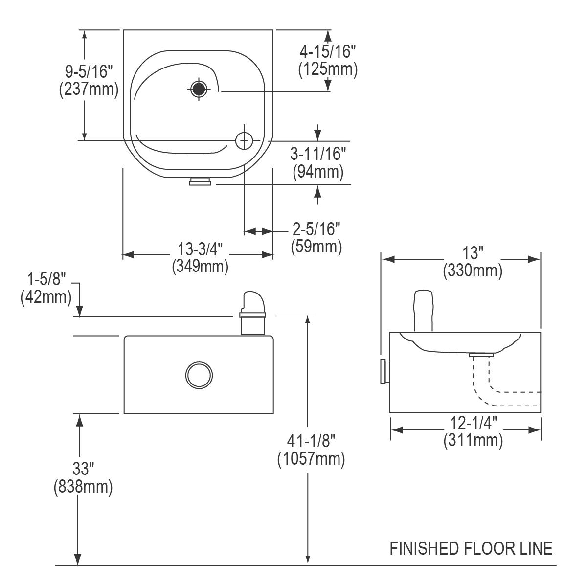 Technical schematic of stainless steel water fountain with dimensions and top/front views.