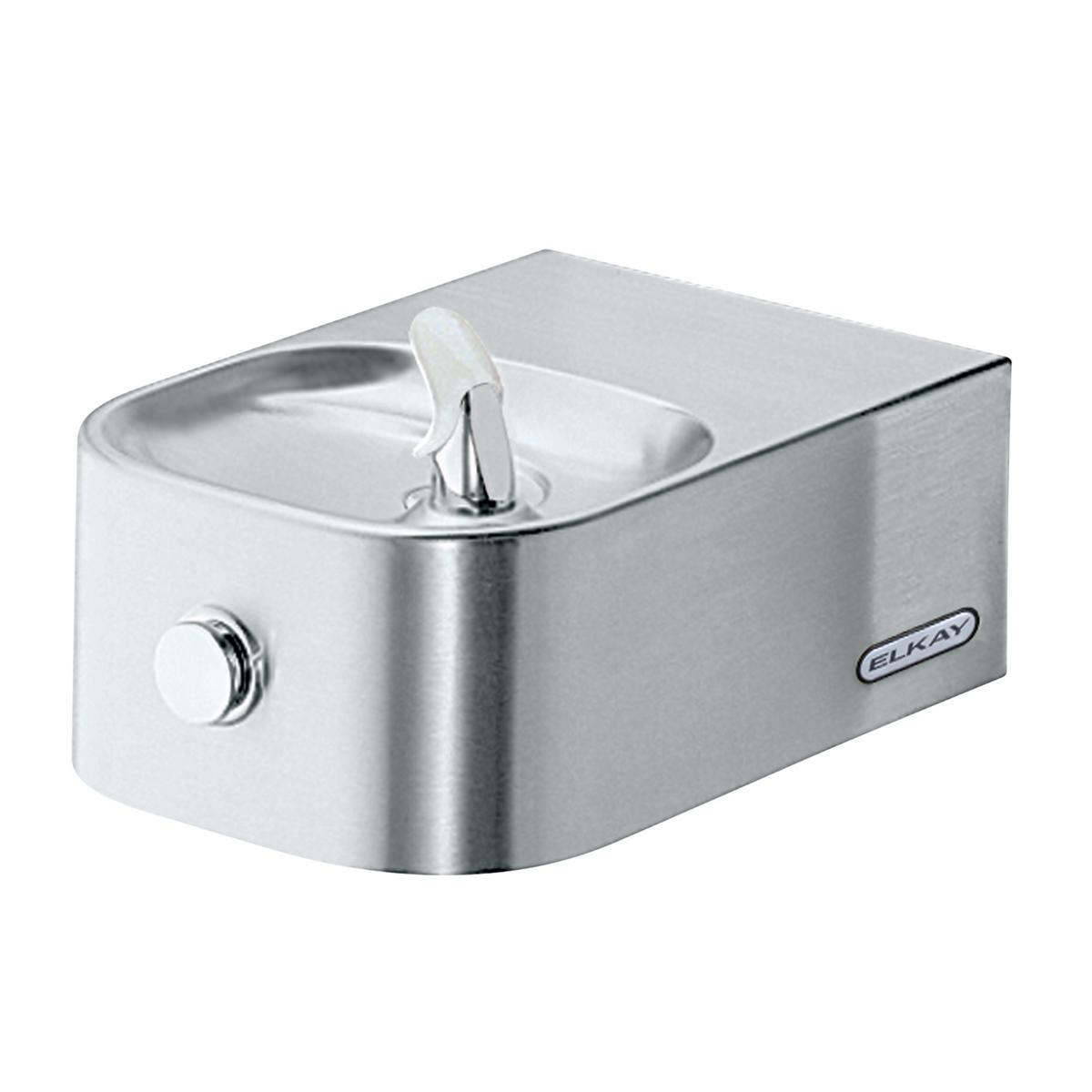 Stainless steel wall-mounted water fountain with single bottle filler spout and soft sides, ADA compliant design.
