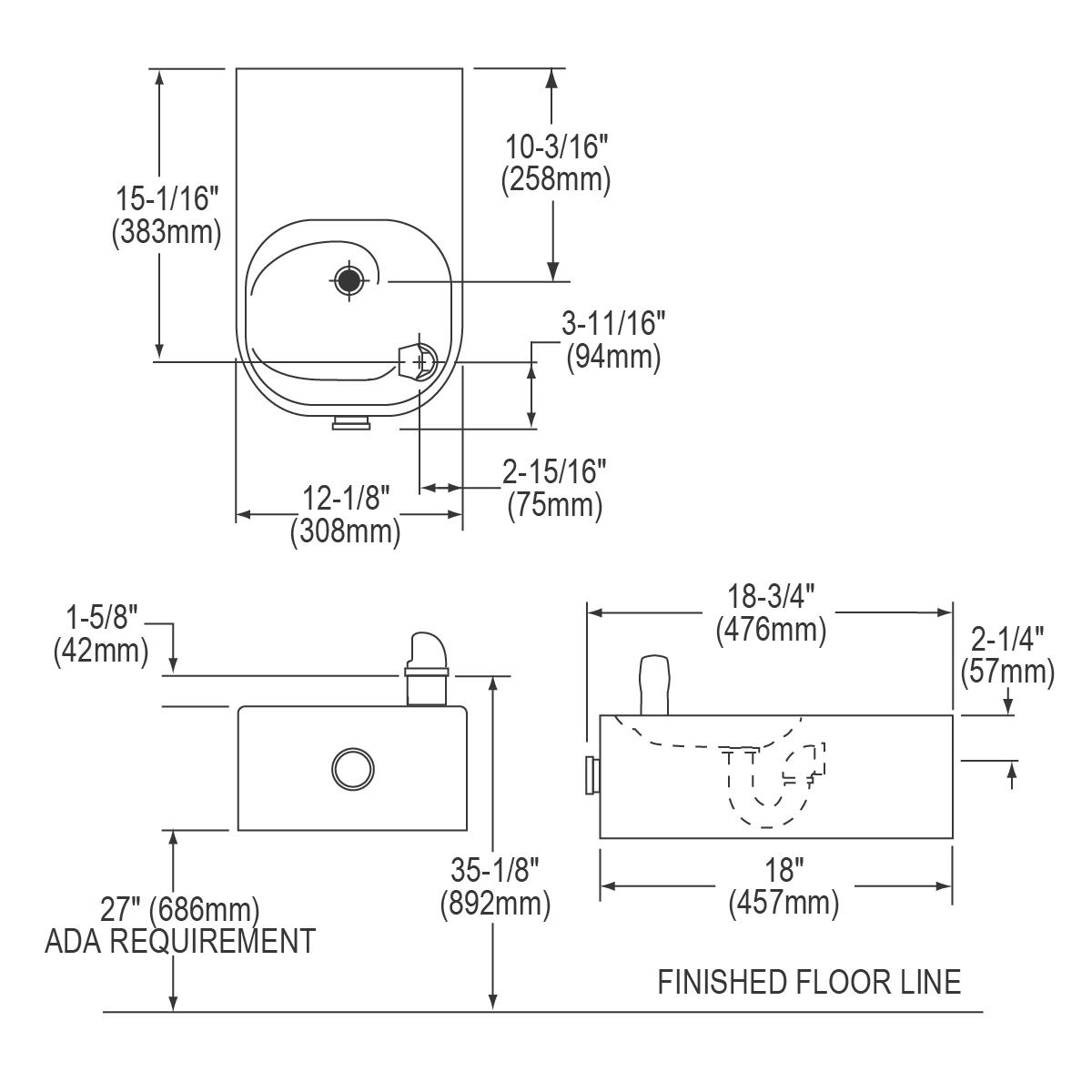 Technical schematic showing dimensions and specifications for a stainless steel ADA water fountain with single curved basin a
