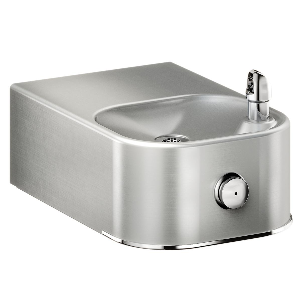 Stainless steel wall-mounted water fountain with single curved basin, chrome spout, and push-button control.