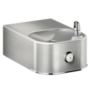 Stainless steel wall-mounted water fountain with single curved basin, chrome spout, and push-button control.
