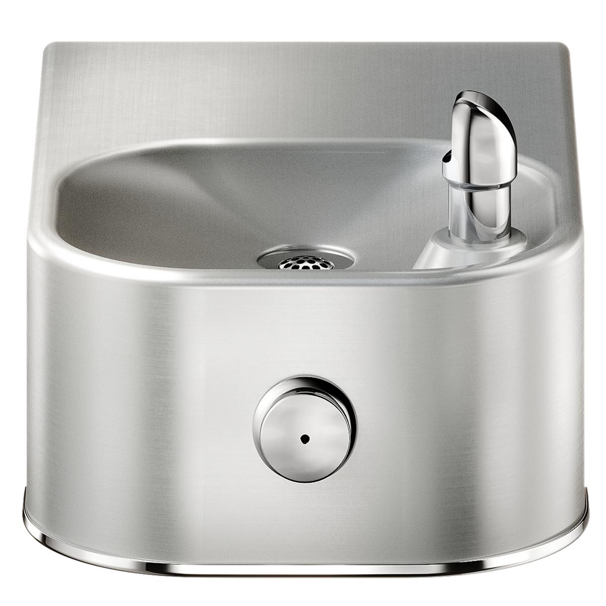 Stainless steel drinking fountain with curved basin, single spout, and push-button control on front.