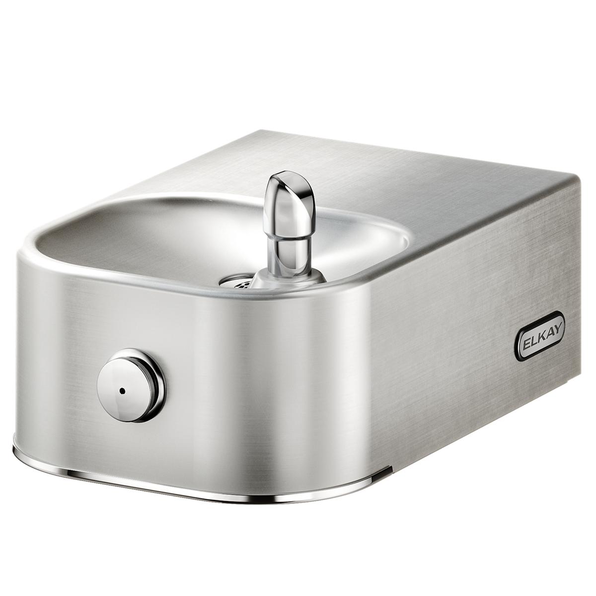 Stainless steel water fountain with single spout, rounded basin, and control knob on front.