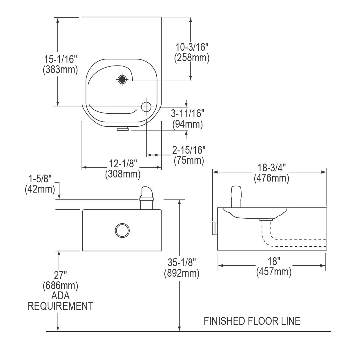 Technical drawing of stainless steel ADA water fountain with front and side elevation views showing dimensions and installati