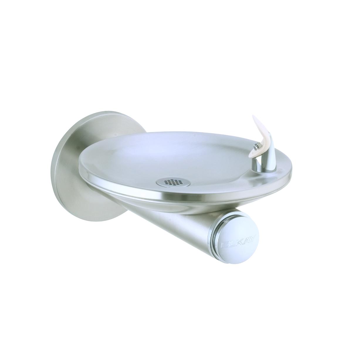 Stainless steel wall-mounted drinking fountain with oval basin and single spout.