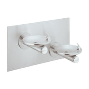 Stainless steel bi-level water fountain with two round bowls mounted on a light gray rectangular backing plate.