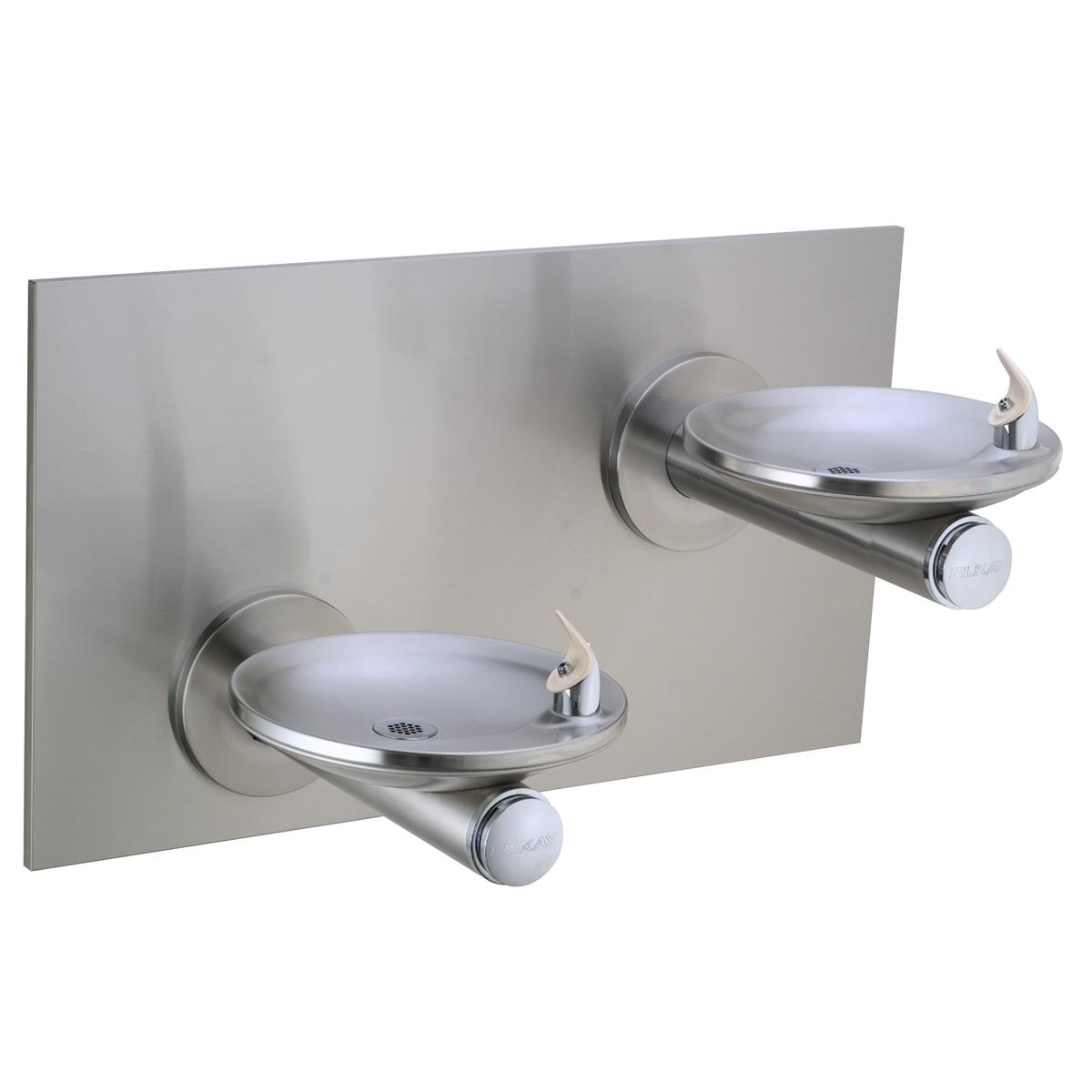 Stainless steel wall-mounted drinking fountain with two oval basins at different heights and curved spouts.