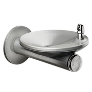 Stainless steel wall-mounted water fountain with curved bowl, chrome spout, and cylindrical valve base.