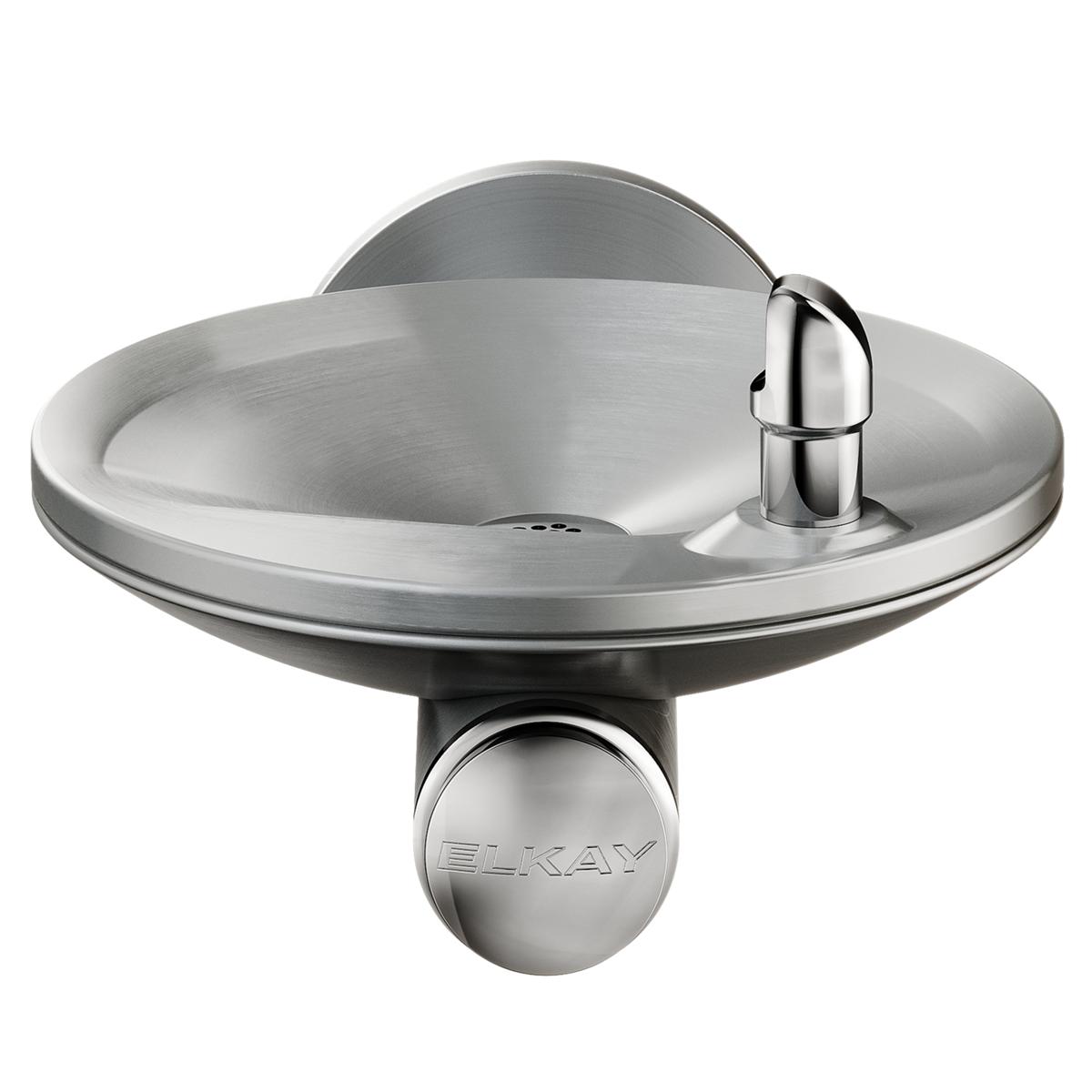 Stainless steel wall-mounted drinking fountain with circular basin, chrome spout, and control button.