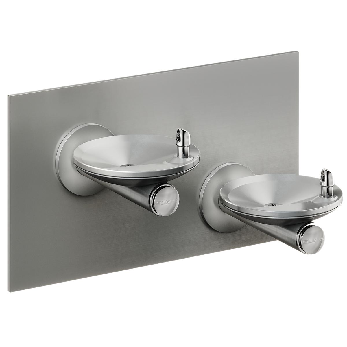 Stainless steel dual-level wall-mounted drinking fountain with two round bowls and push-button activators.