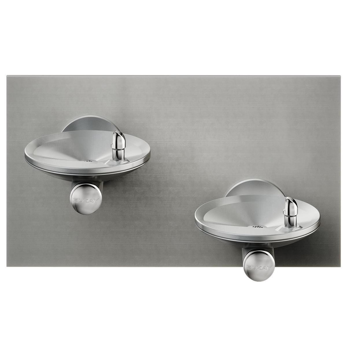 Two stainless steel wall-mounted drinking fountains with circular basins and chrome push-button controls at different heights