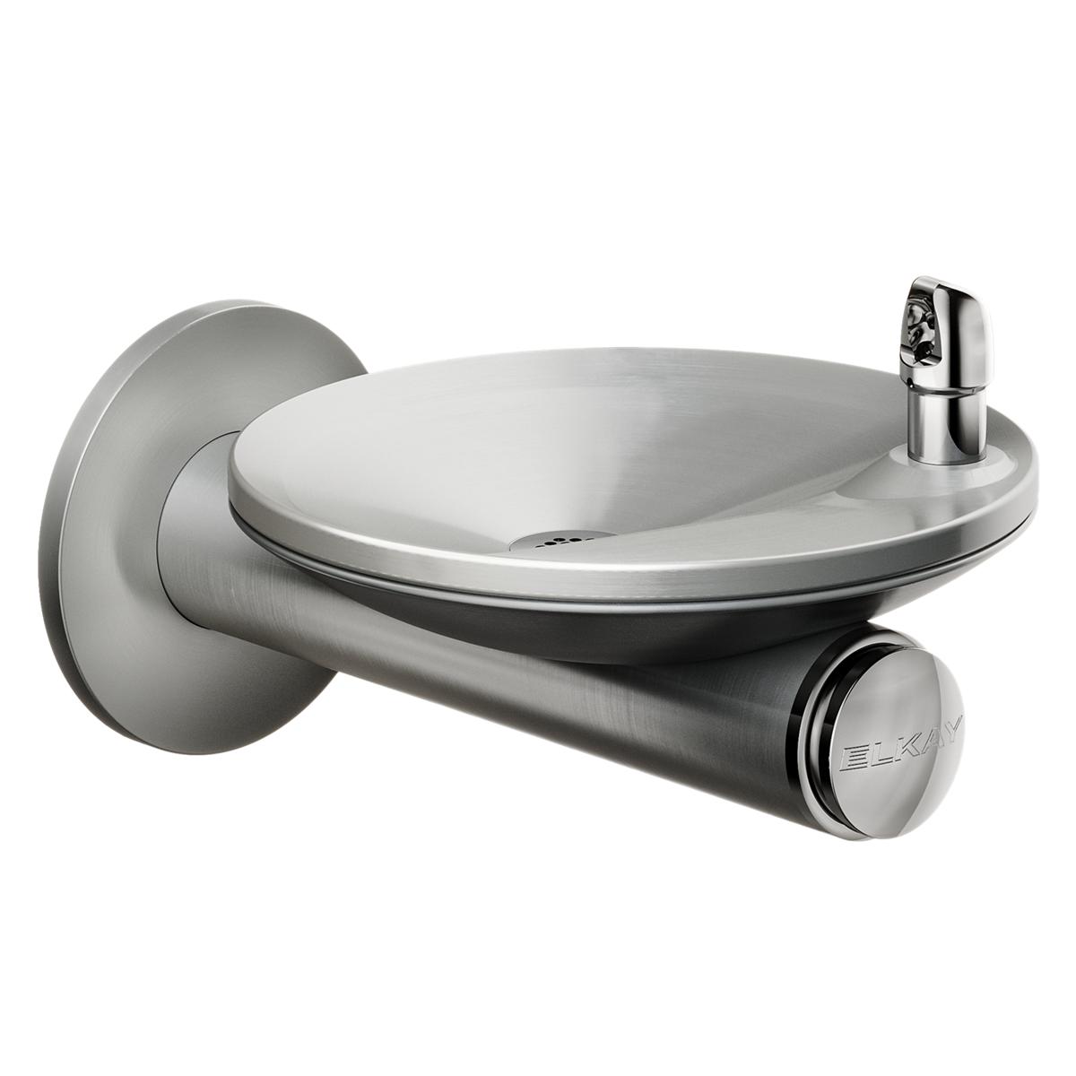 Stainless steel wall-mounted drinking fountain with oval basin, single spout, and cylindrical valve handle on right side.