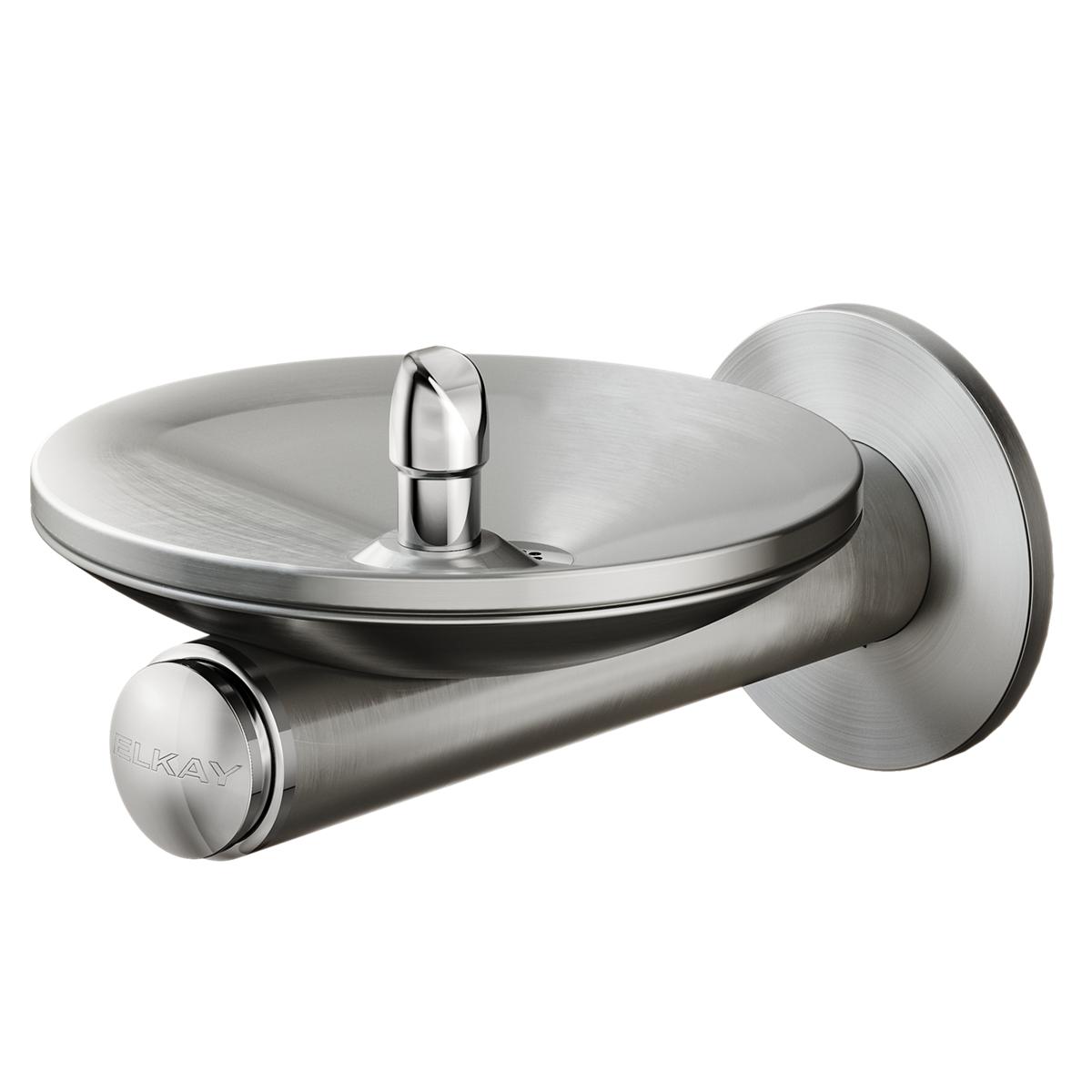 Stainless steel wall-mounted water fountain with oval basin and single spout nozzle.