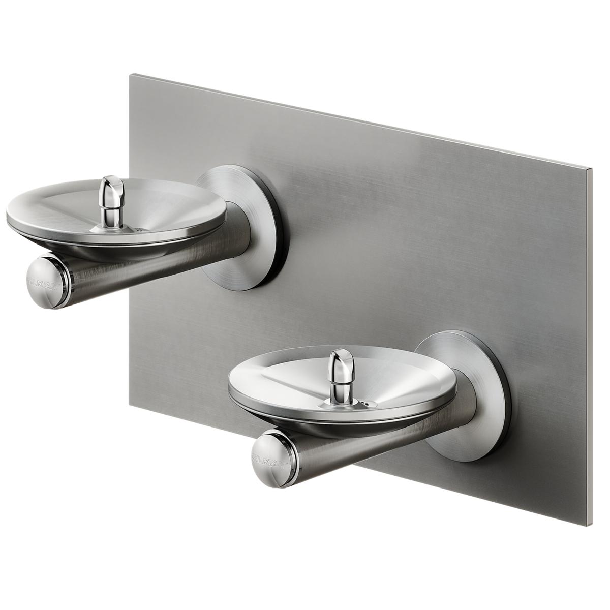 Stainless steel wall-mounted drinking fountain with two levels, each featuring a circular basin and curved spout.
