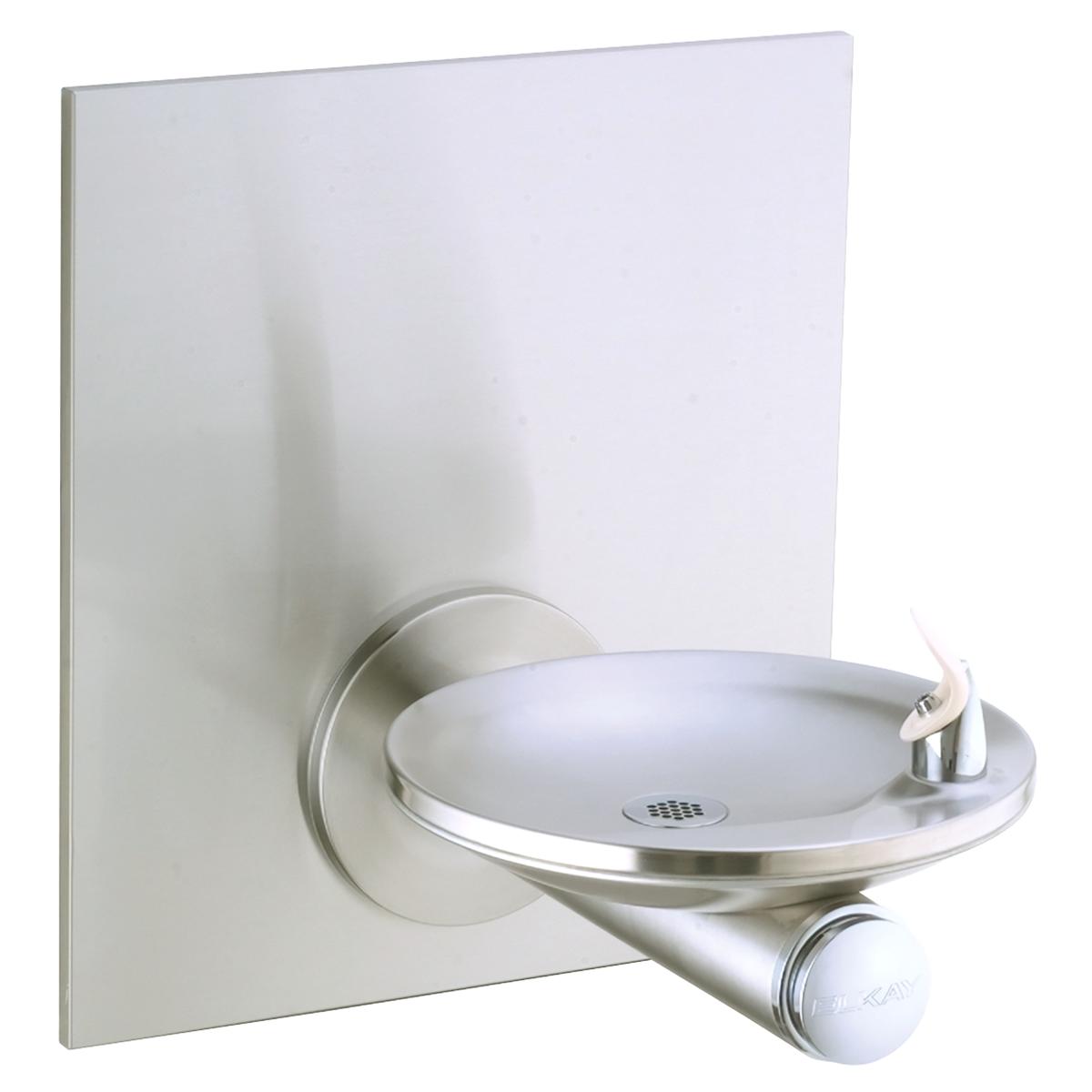 Stainless steel water fountain with shallow bowl basin mounted on white back plate with single drinking spout.