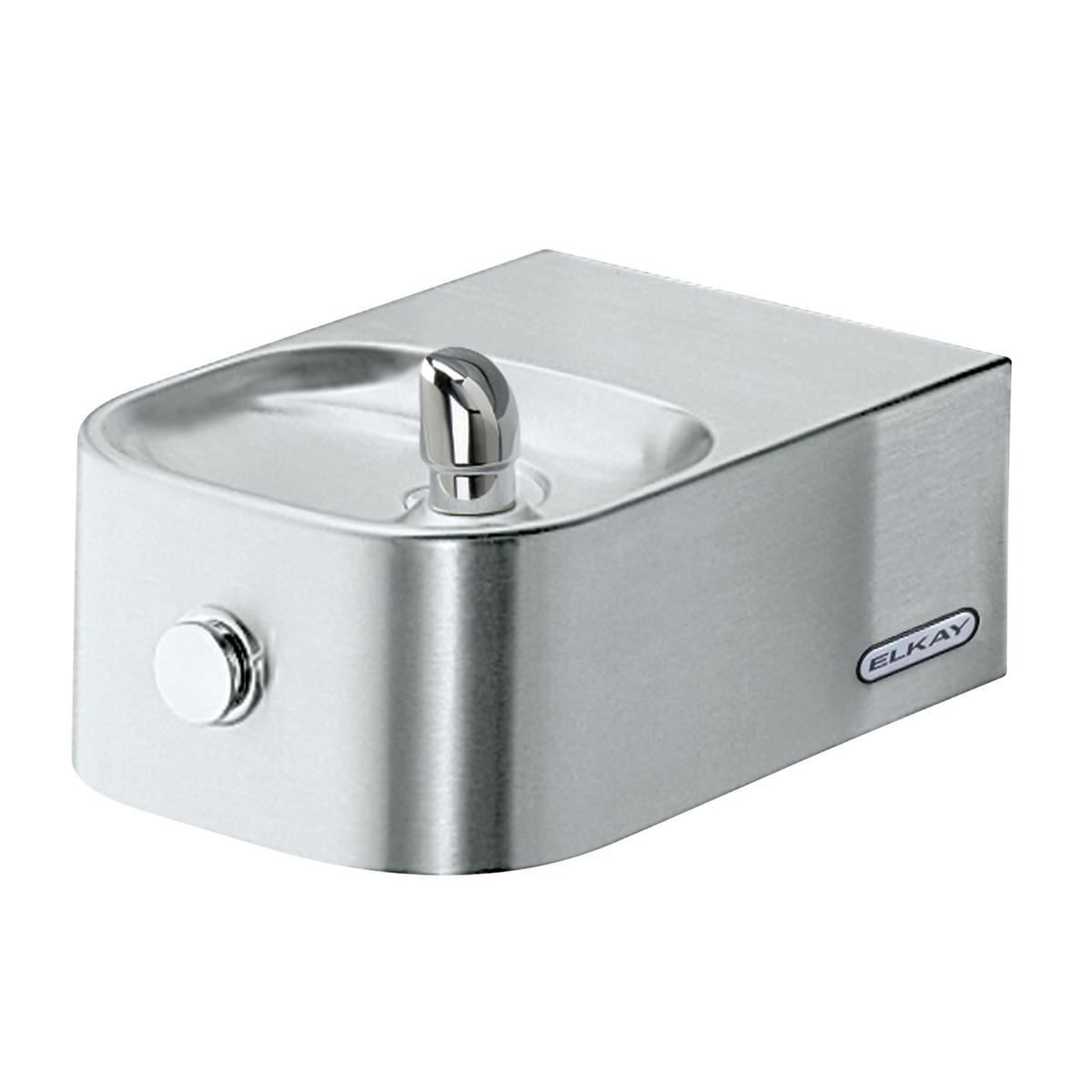 Stainless steel water fountain with single basin, curved sides, chrome spout, and control button on front.