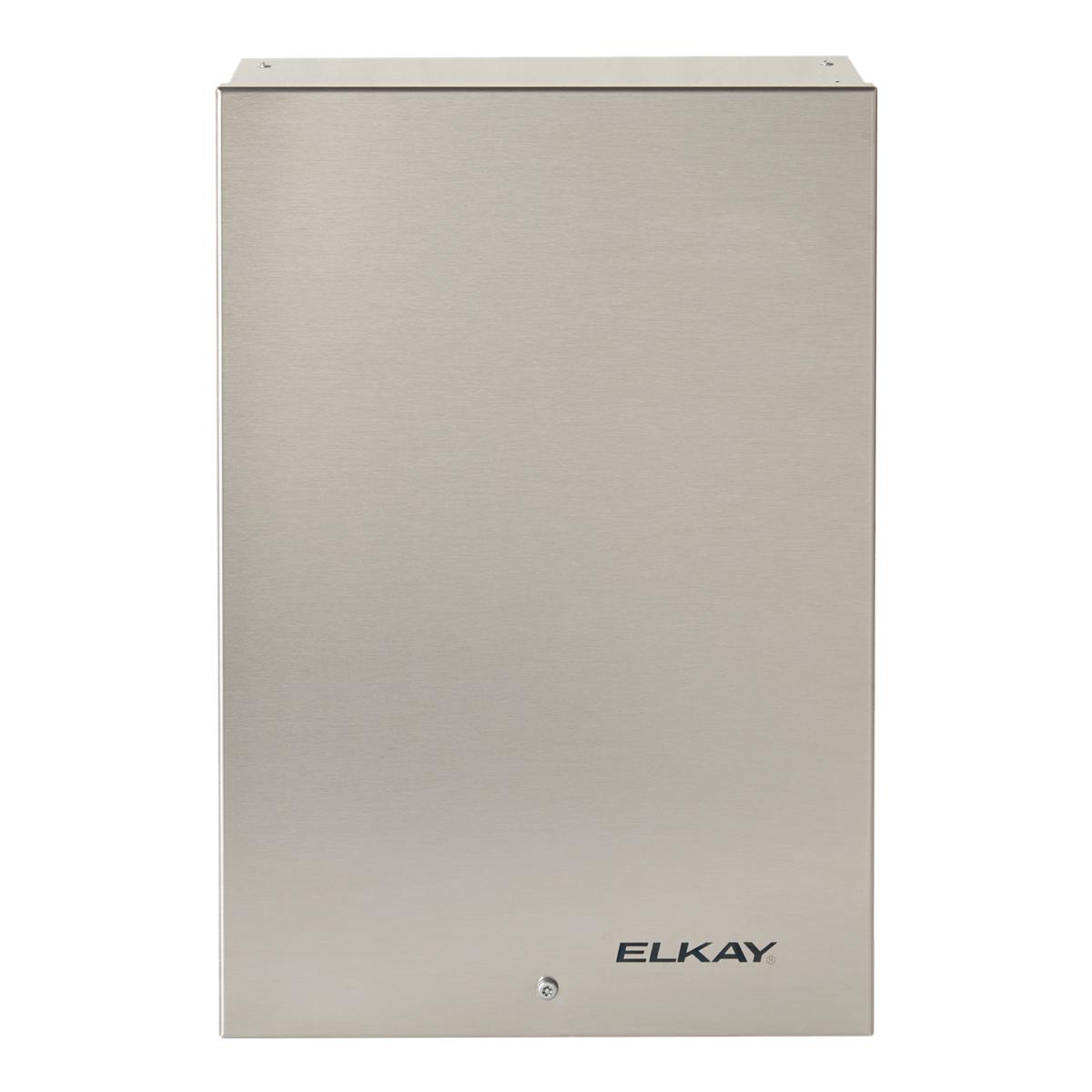 Stainless steel rectangular filtration unit with Elkay branding and mounting hardware on top.