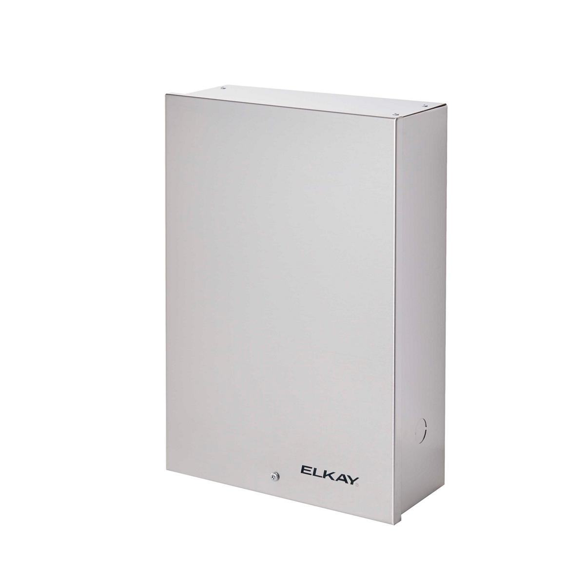 Elkay gray stainless steel wall-mounted rectangular filtration unit with control button and brand name on front.