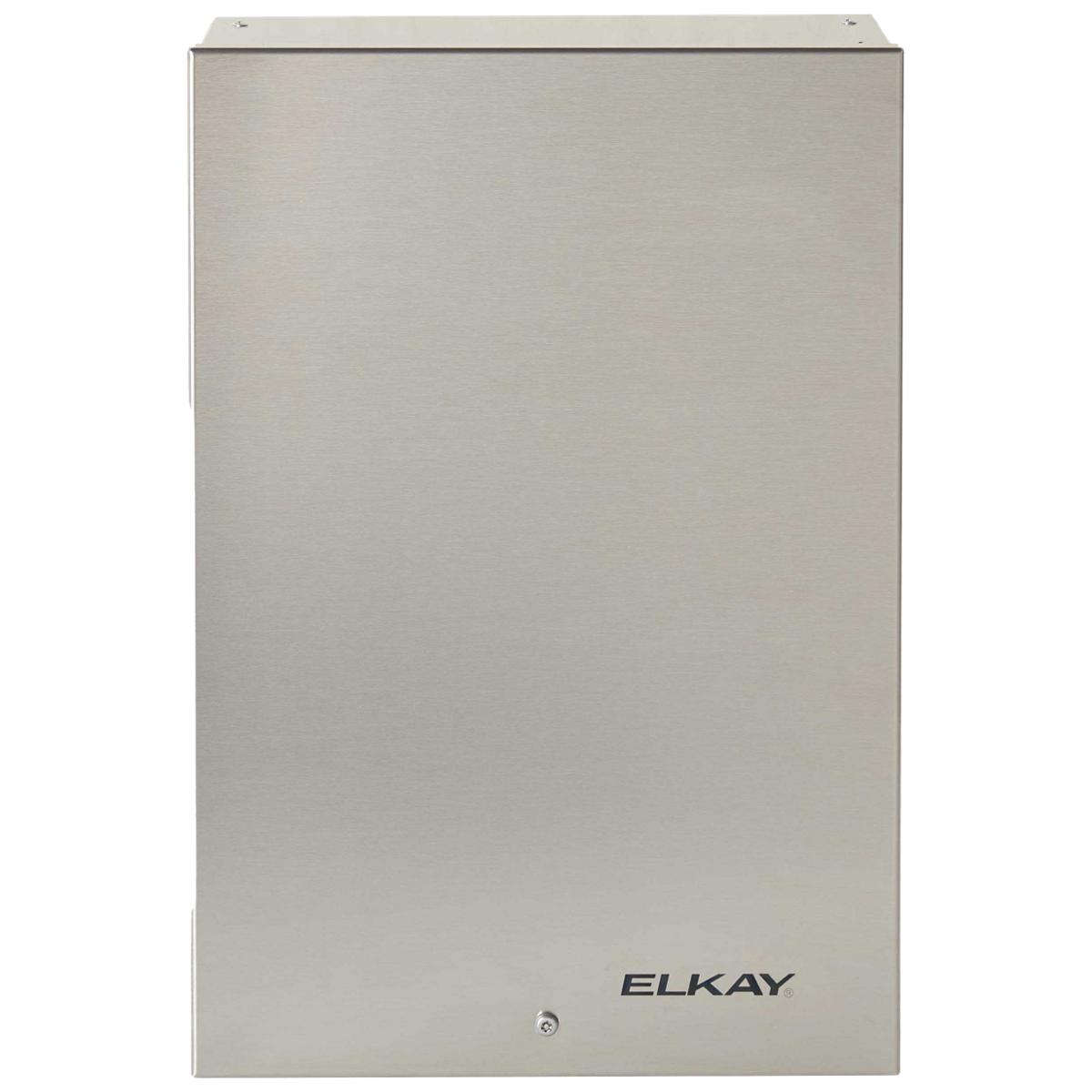 Elkay stainless steel retrofit filtration unit with vandal-resistant design and mounting hardware visible.