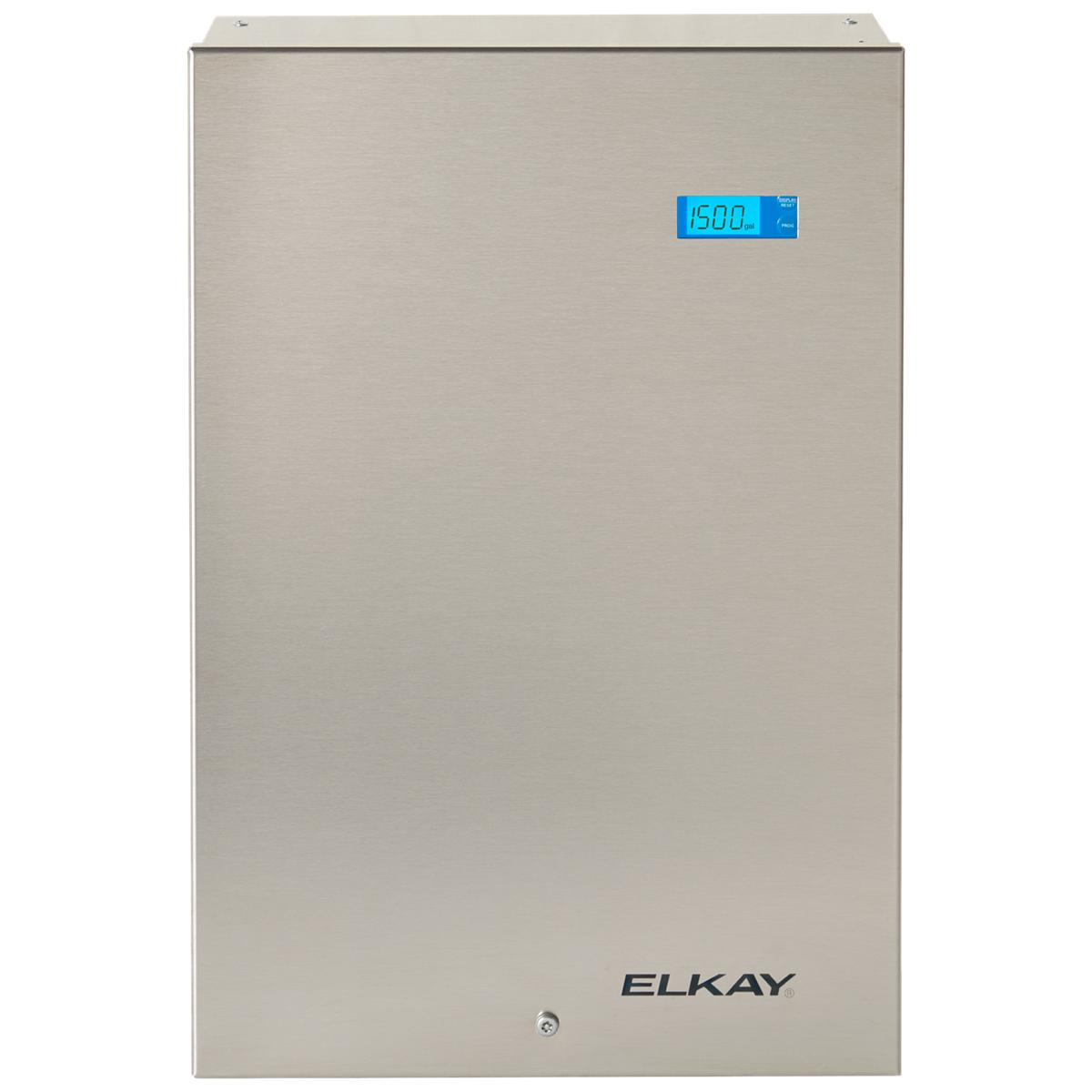 Stainless steel filtration unit with blue digital display showing 1500 gallons and Elkay branding.