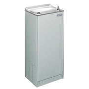 Light gray granite floor-mounted water cooler with stainless steel top, drinking fountain spout, and foot pedal activation.