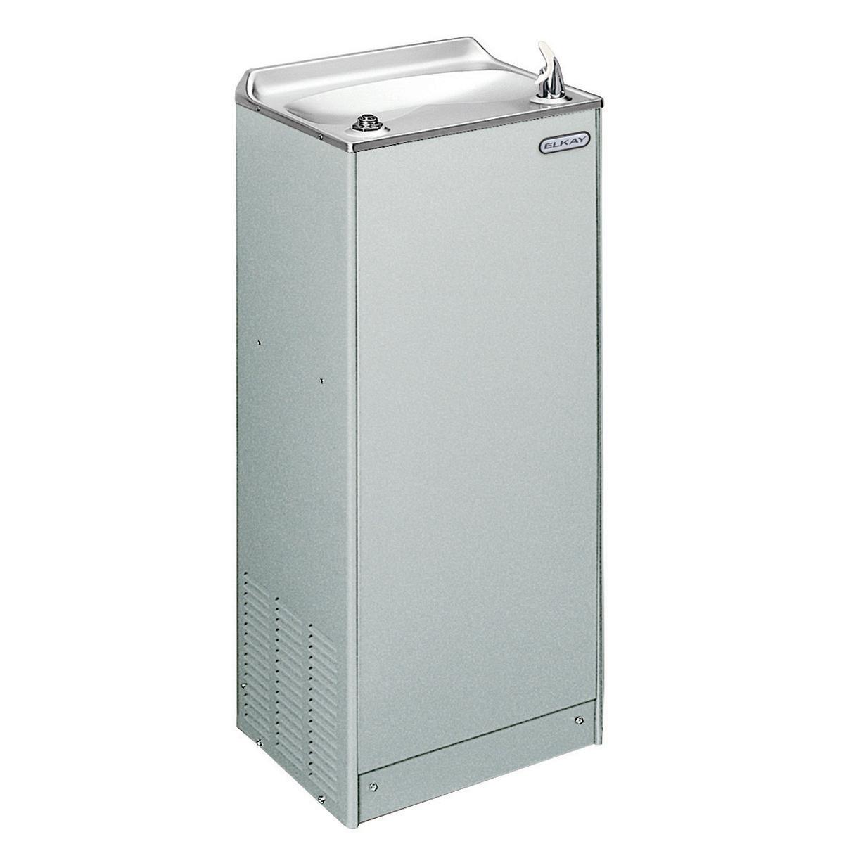 Light gray granite floor-mounted water cooler with stainless steel top, drinking fountain spout, and foot pedal activation.