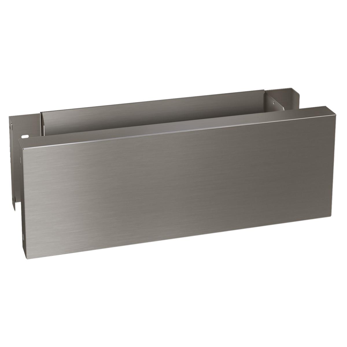 Stainless steel rectangular filter box with brushed finish and open top compartment for water filtration system installation.