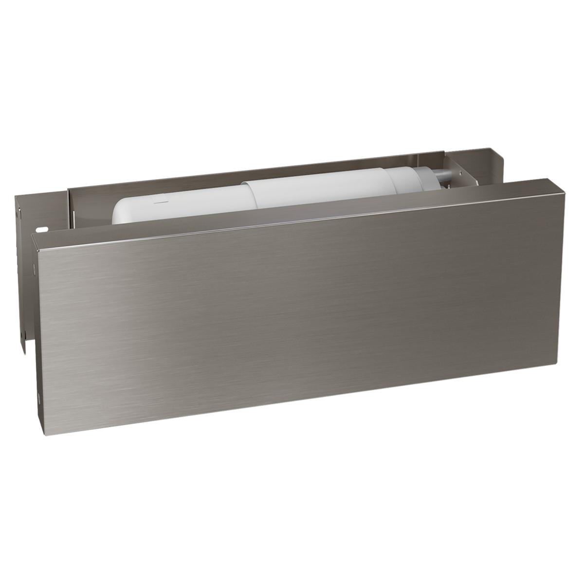 Stainless steel filter box with white cylindrical filter cartridge inside, designed for under-counter water filtration instal