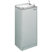 Light gray granite floor-mounted water cooler with stainless steel basin and drinking fountain spout.