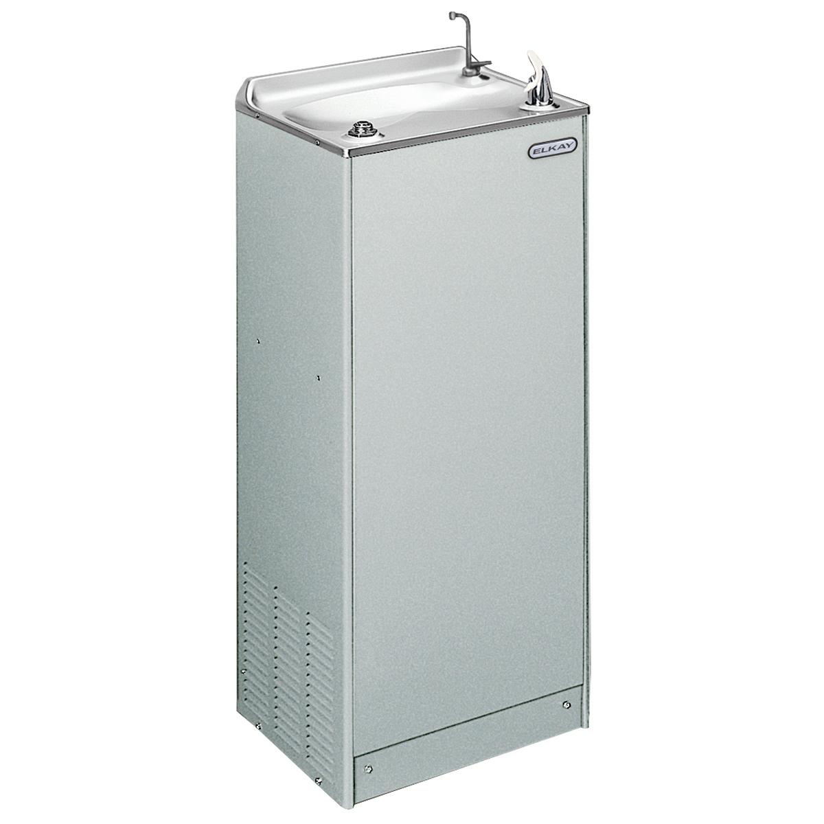 Light gray granite floor-mounted water cooler with stainless steel basin and drinking fountain spout.