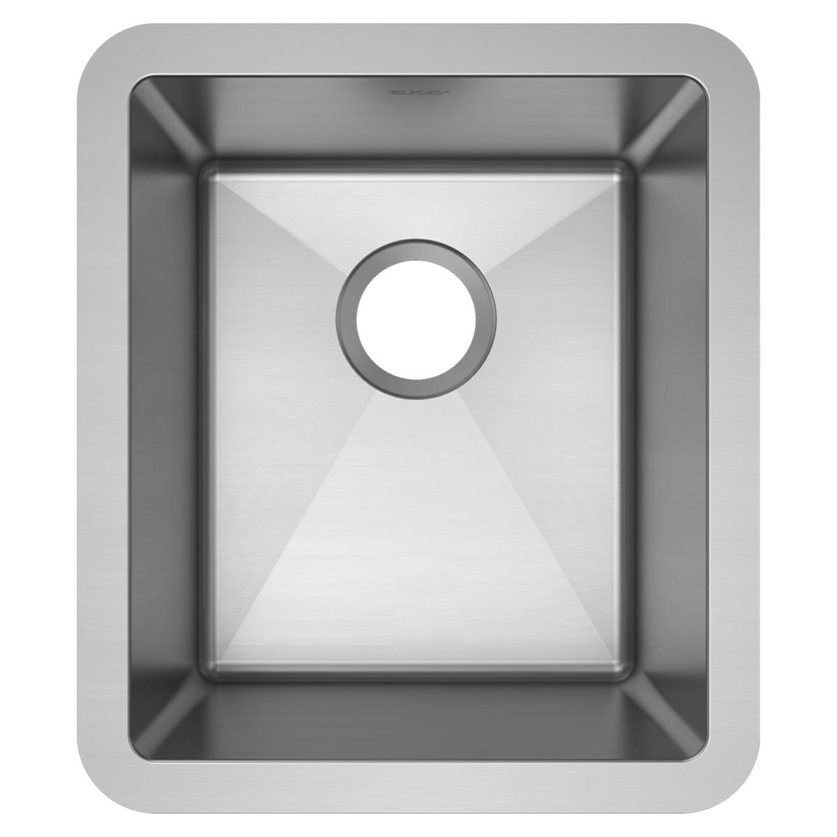 Stainless steel undermount sink with single rounded bowl and drain hole, viewed from above.