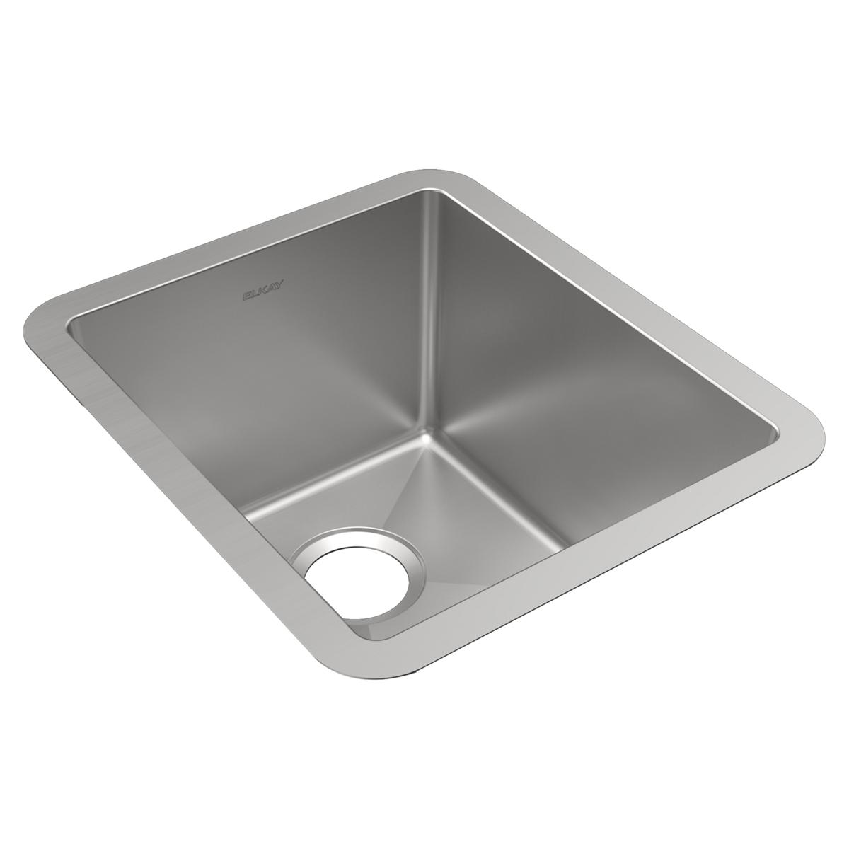 Stainless steel single bowl undermount sink with rounded corners and drain hole.