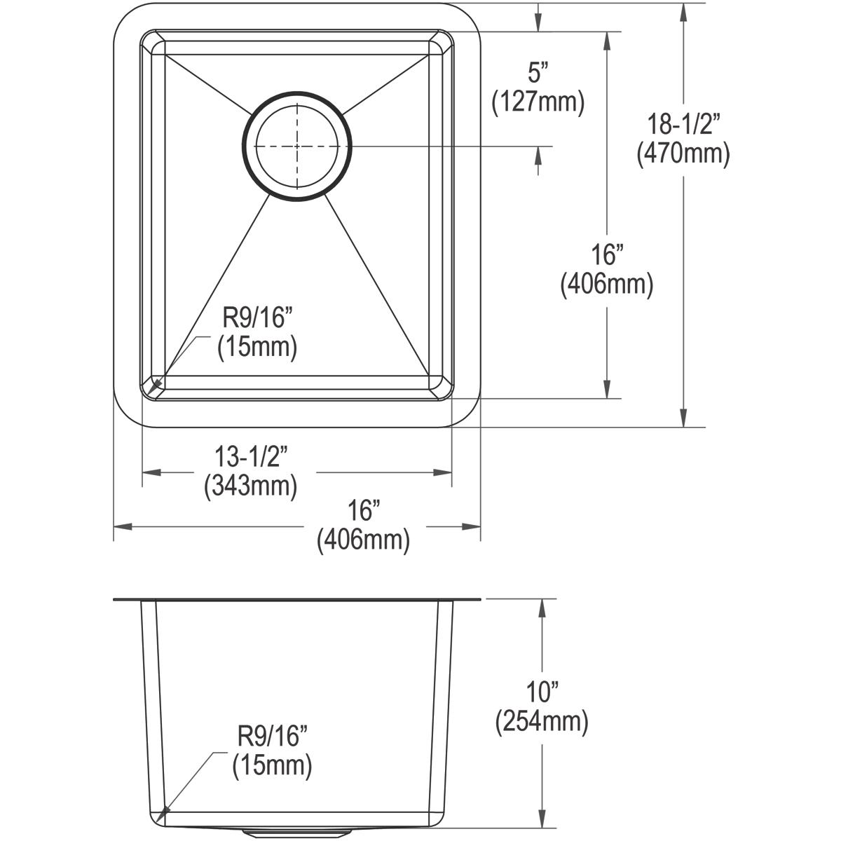 Stainless steel single bowl undermount sink with rounded corners and circular drain, shown in top and side technical drawings