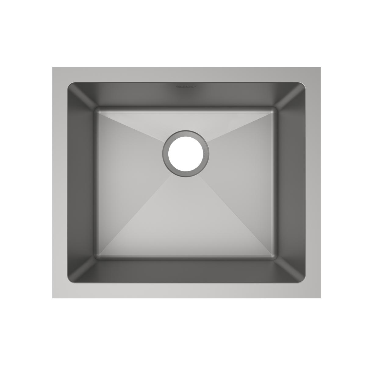 Stainless steel single bowl undermount sink with rounded corners and center drain hole, viewed from above.