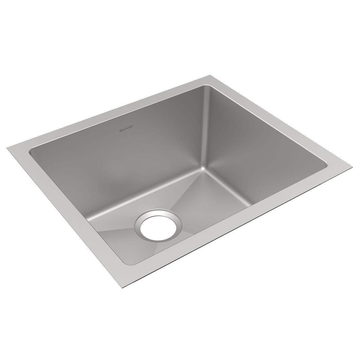 Stainless steel single bowl undermount sink with drain hole and rounded corners.