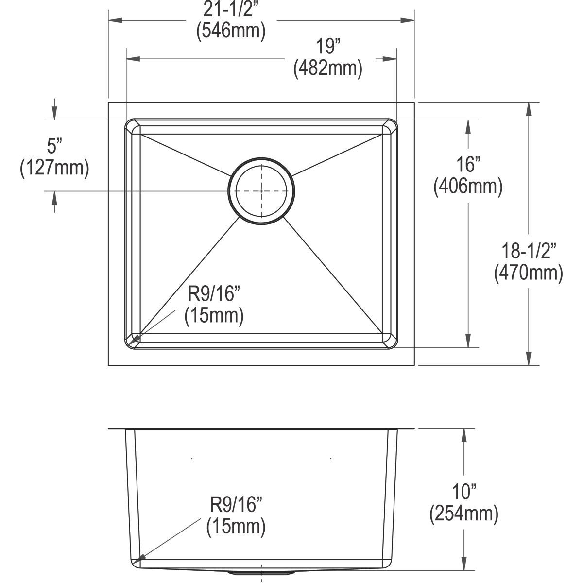 Stainless steel single bowl undermount sink with top and side view dimensions and drain placement specifications.