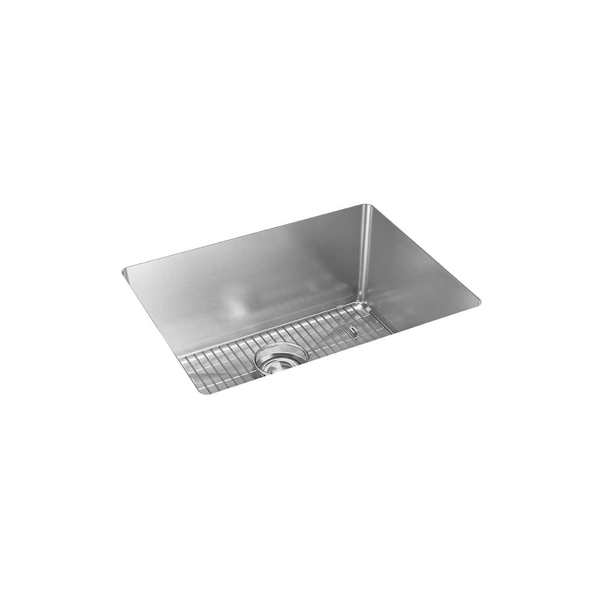 Stainless steel single bowl undermount sink with rounded corners and integrated drain grid.